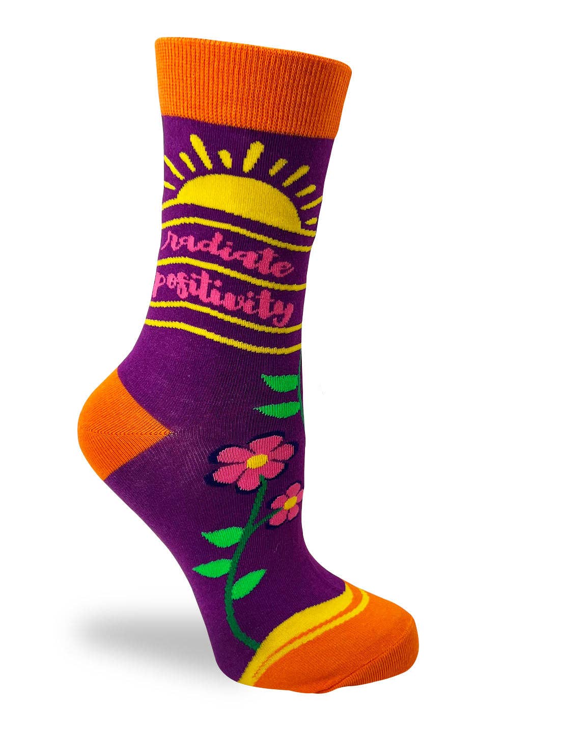 Colorful sock with sun design and 'radiate positivity' text on a white background