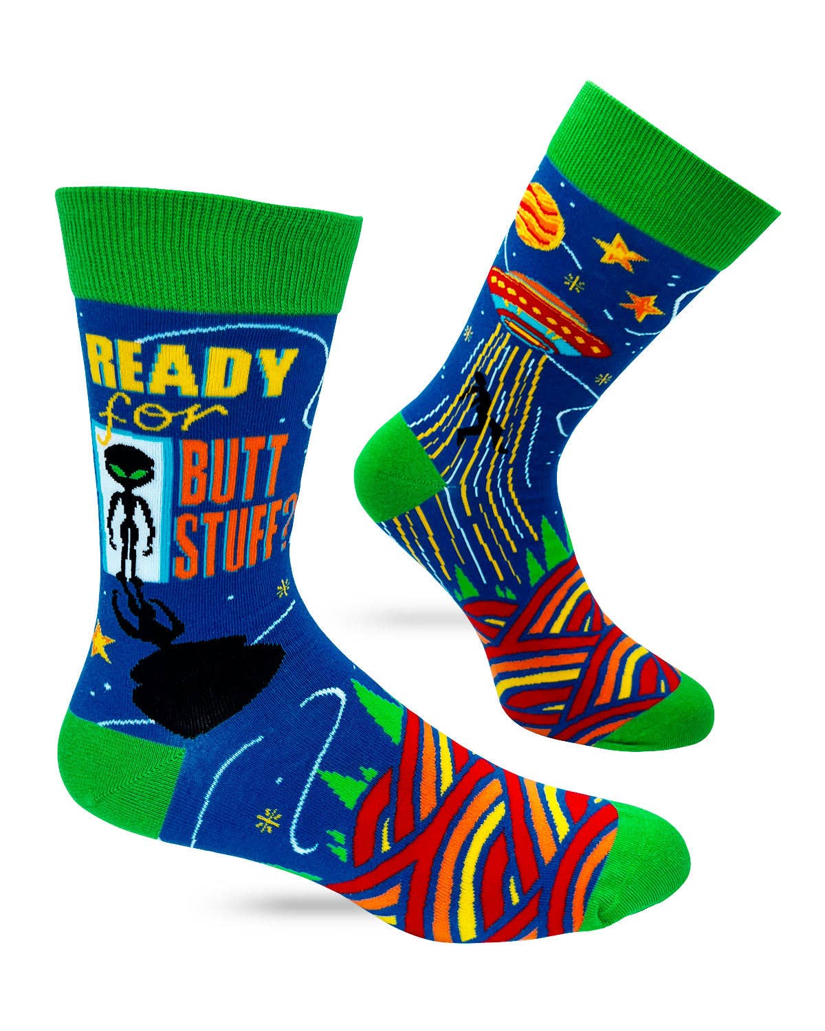 Colorful socks with alien design and text on a white background