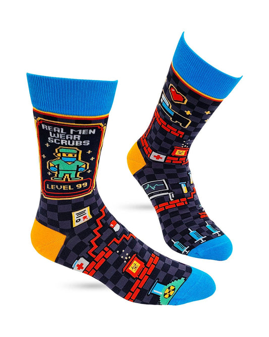 Colorful socks with medical-themed design on a white background