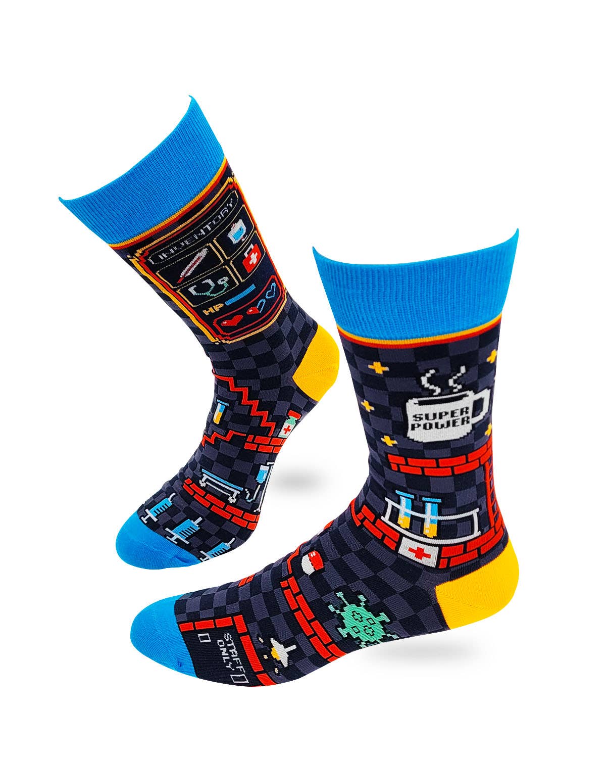 Colorful socks with superhero-themed design on a white background