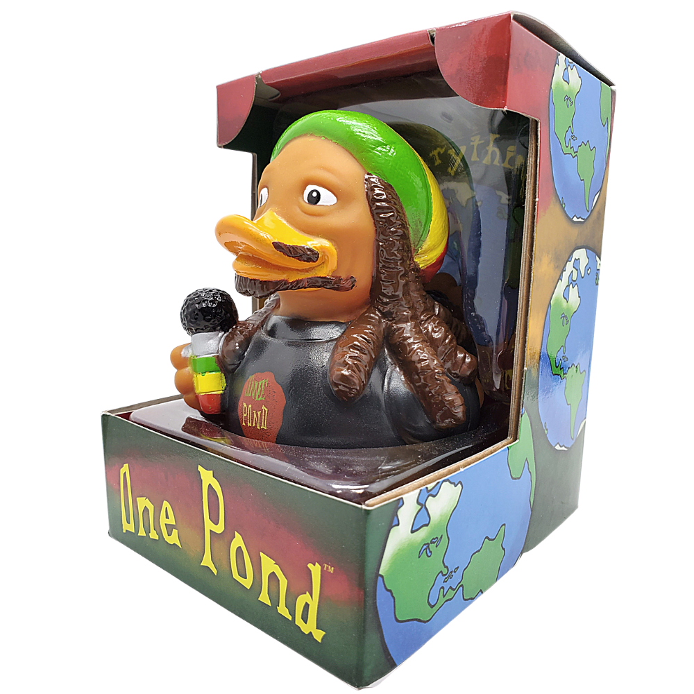 Duck figure with reggae hat and dreadlocks in a 'One Pond' branded box