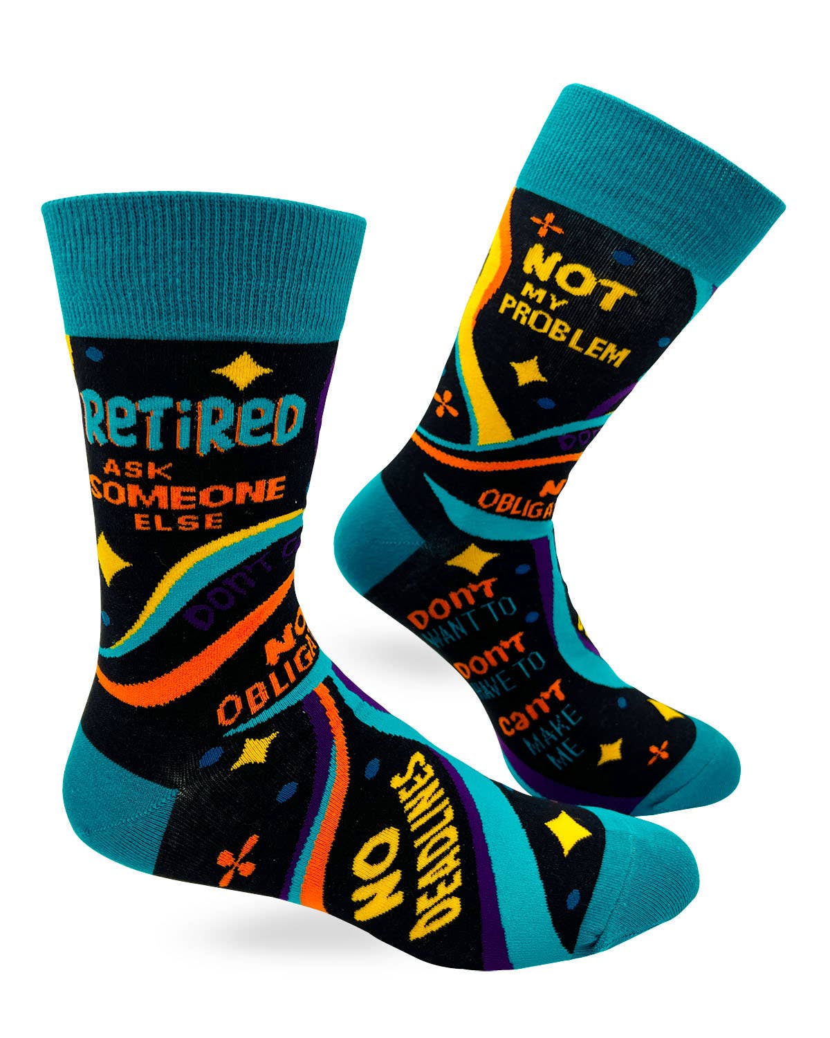 Colorful socks with humorous text on a white background