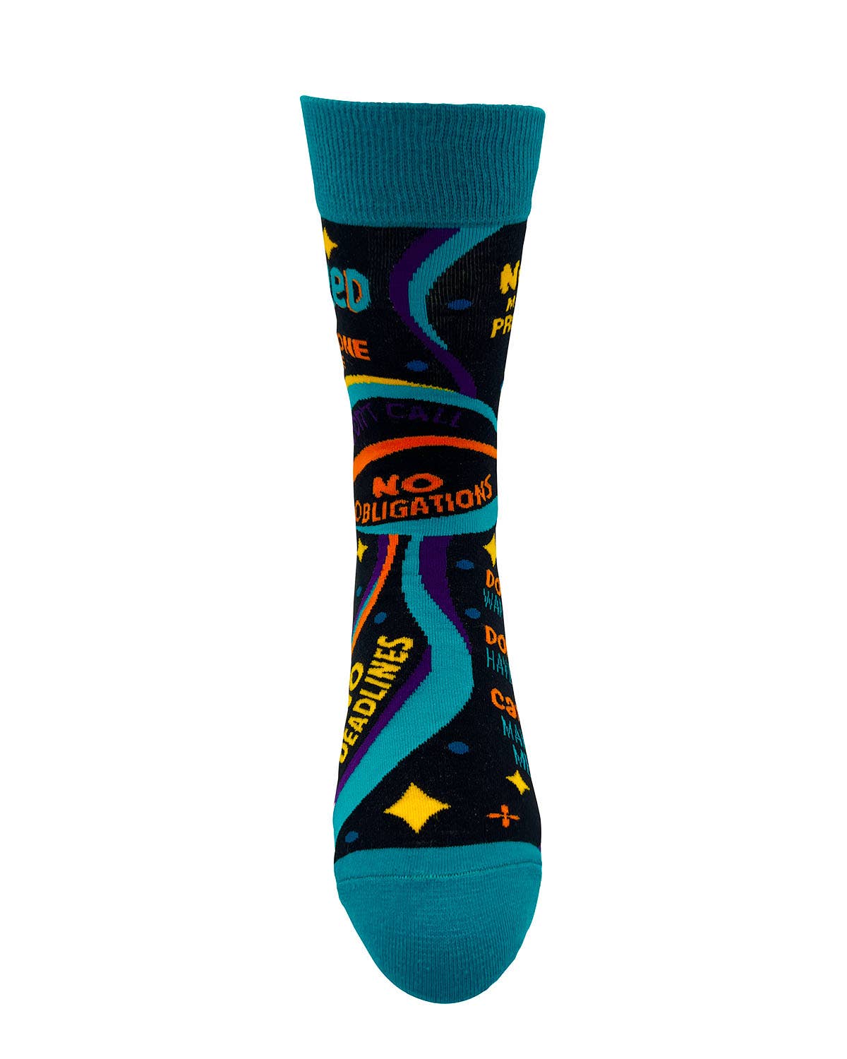 Colorful sock with text and patterns on a white background