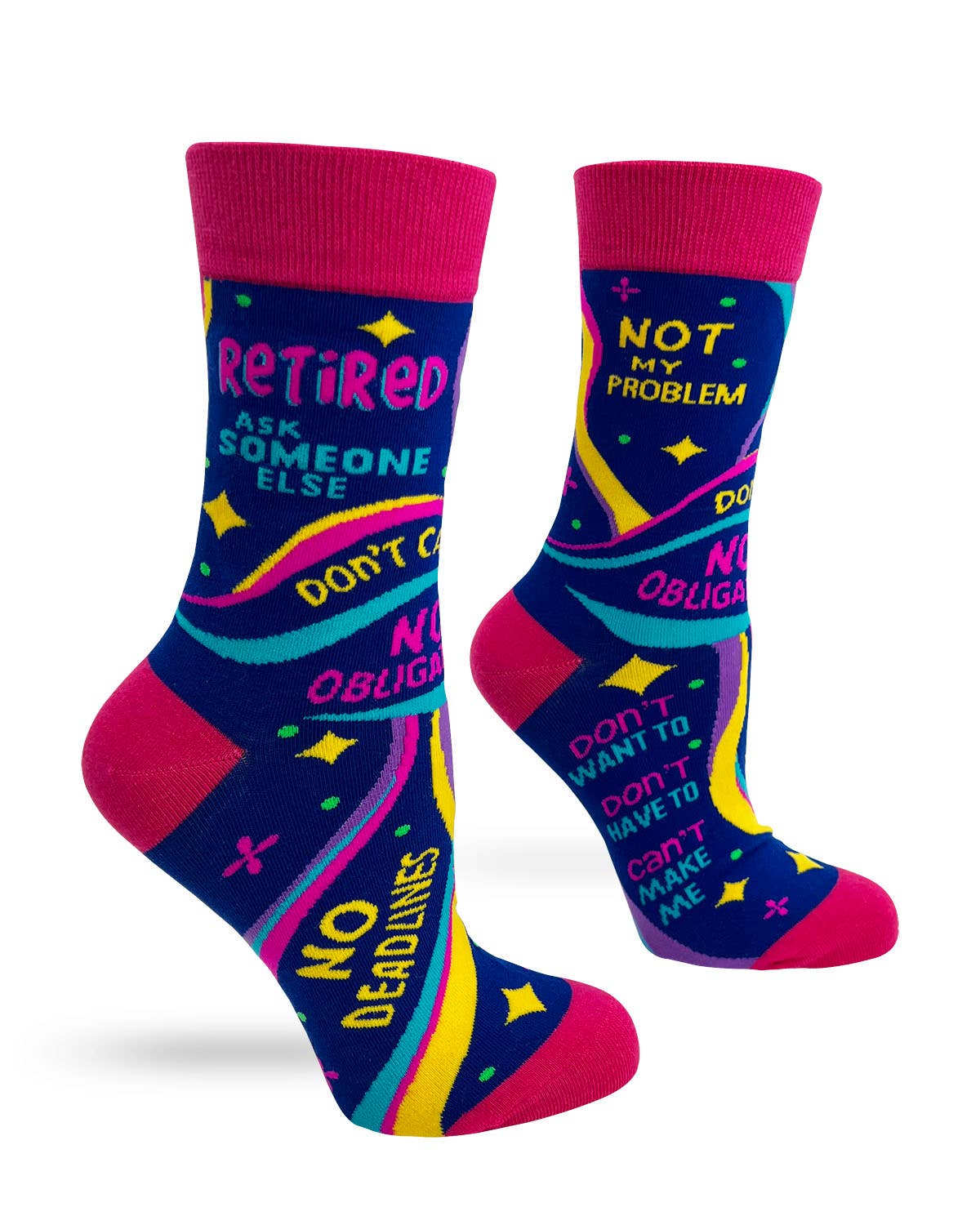 Colorful socks with humorous text design on a white background