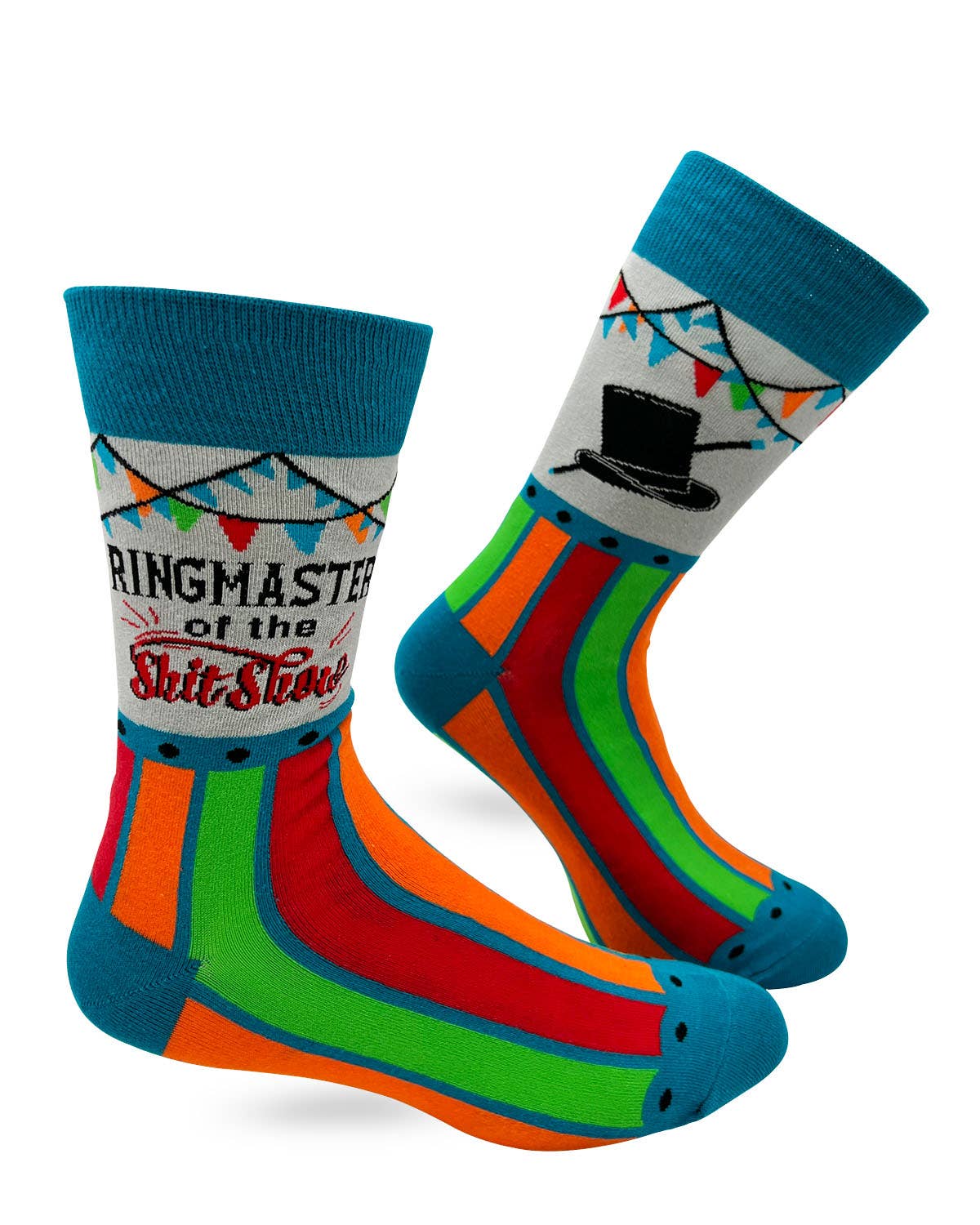Colorful socks with text and designs on a white background