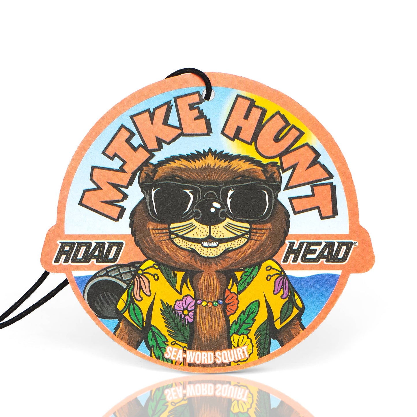 Circular badge with a cartoon sloth wearing sunglasses and a shirt, branded 'Mike Hunt Road Head'.