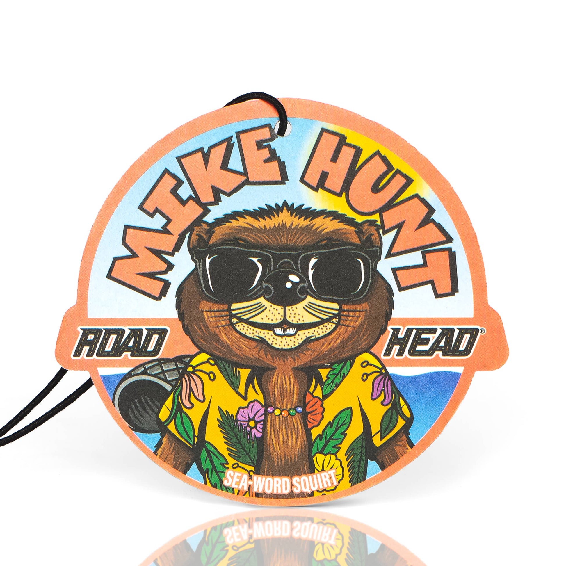 Circular badge with a cartoon sloth wearing sunglasses and a shirt, branded 'Mike Hunt Road Head'.