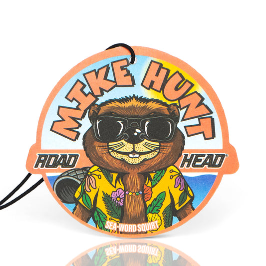 Circular badge with a cartoon sloth wearing sunglasses and a shirt, branded 'Mike Hunt Road Head'.