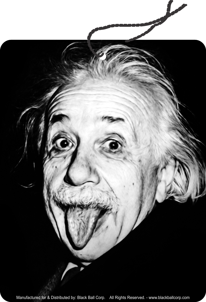 Black and white image of a humorous caricature of a famous scientist with a tongue sticking out.