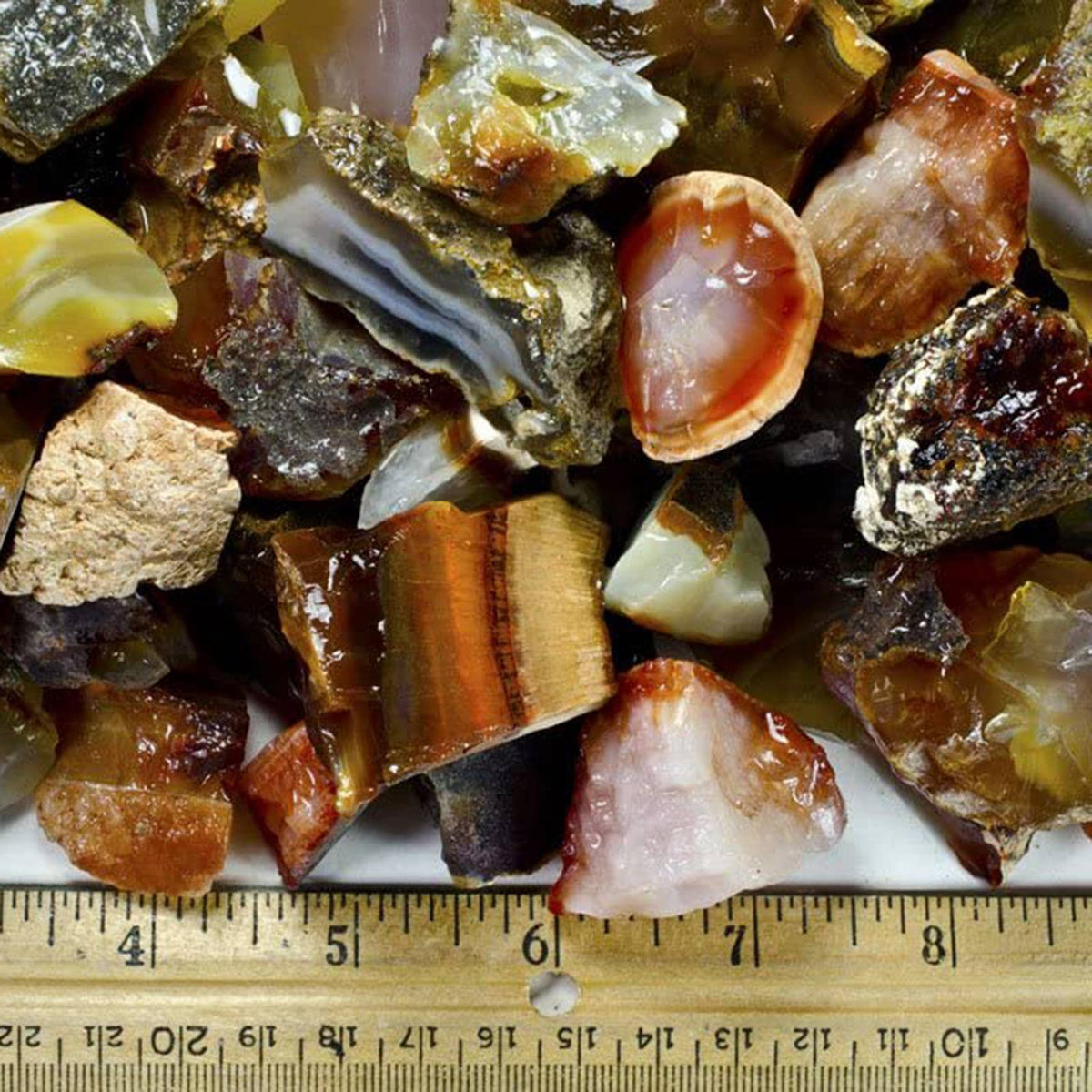 Assorted semi-precious stones with a ruler for scale on a white background