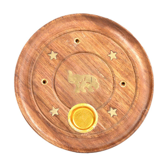 Wooden coaster with star designs and a gold emblem on a white background
