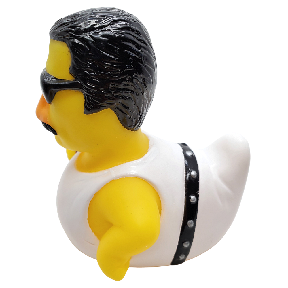 Rubber duck with black hair, sunglasses, and a white outfit on a white background