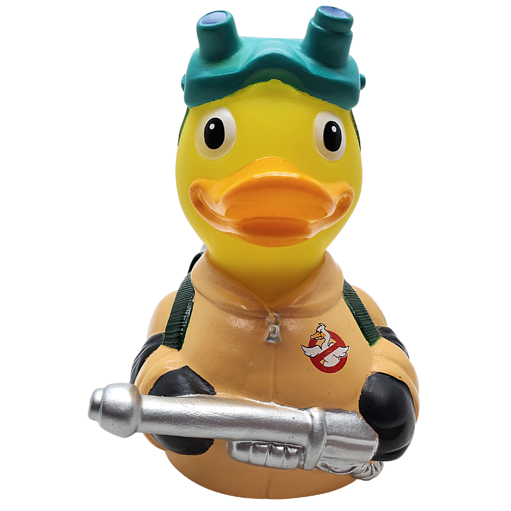 Yellow rubber duck with a helmet and tool, featuring a Ghostbusters logo.