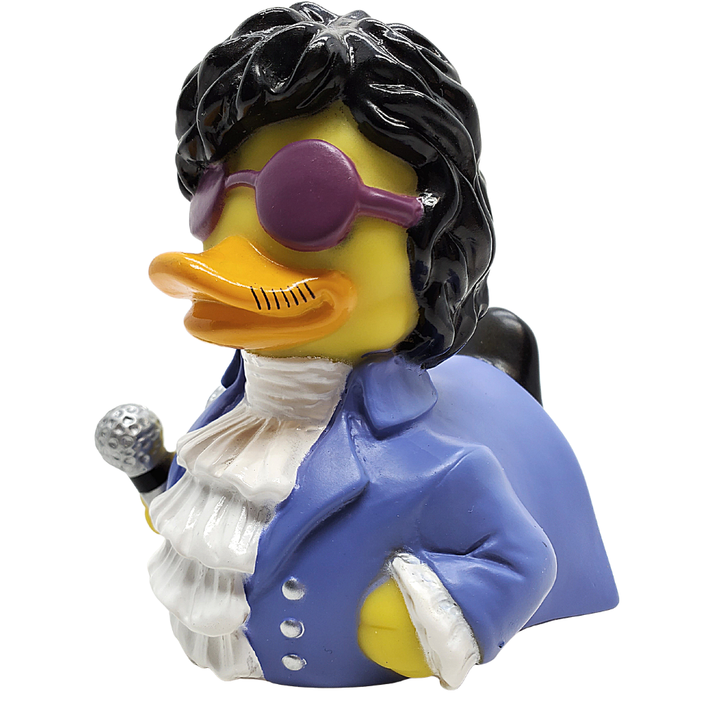 Duck figurine with rock star attire, including a blue jacket and purple sunglasses, on a white background.