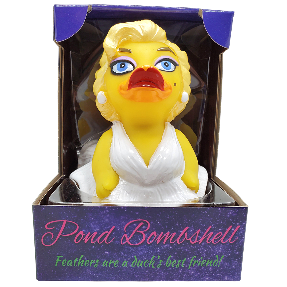 Yellow duck figurine in a box with 'Pond Bombshell' text