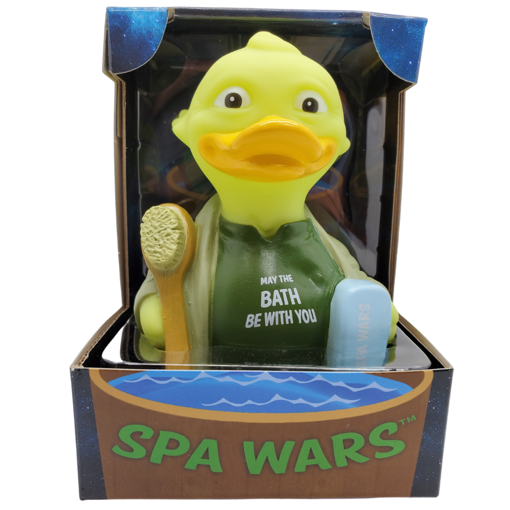 Green rubber duck with a toothbrush and soap bar in packaging labeled 'Spa Wars'.
