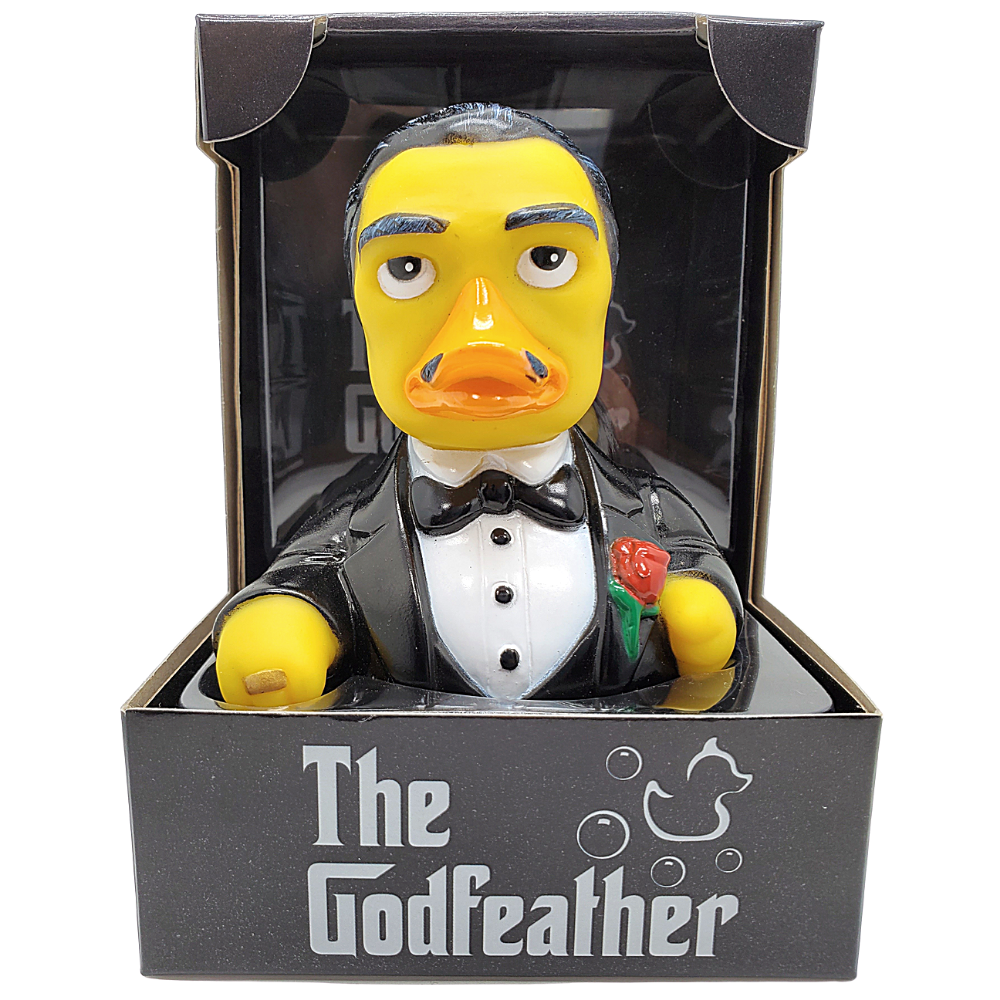 Rubber duck in tuxedo with 'The Godfather' branding in packaging