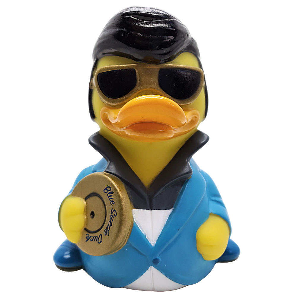 Rubber duck with a cool dude outfit on a white background