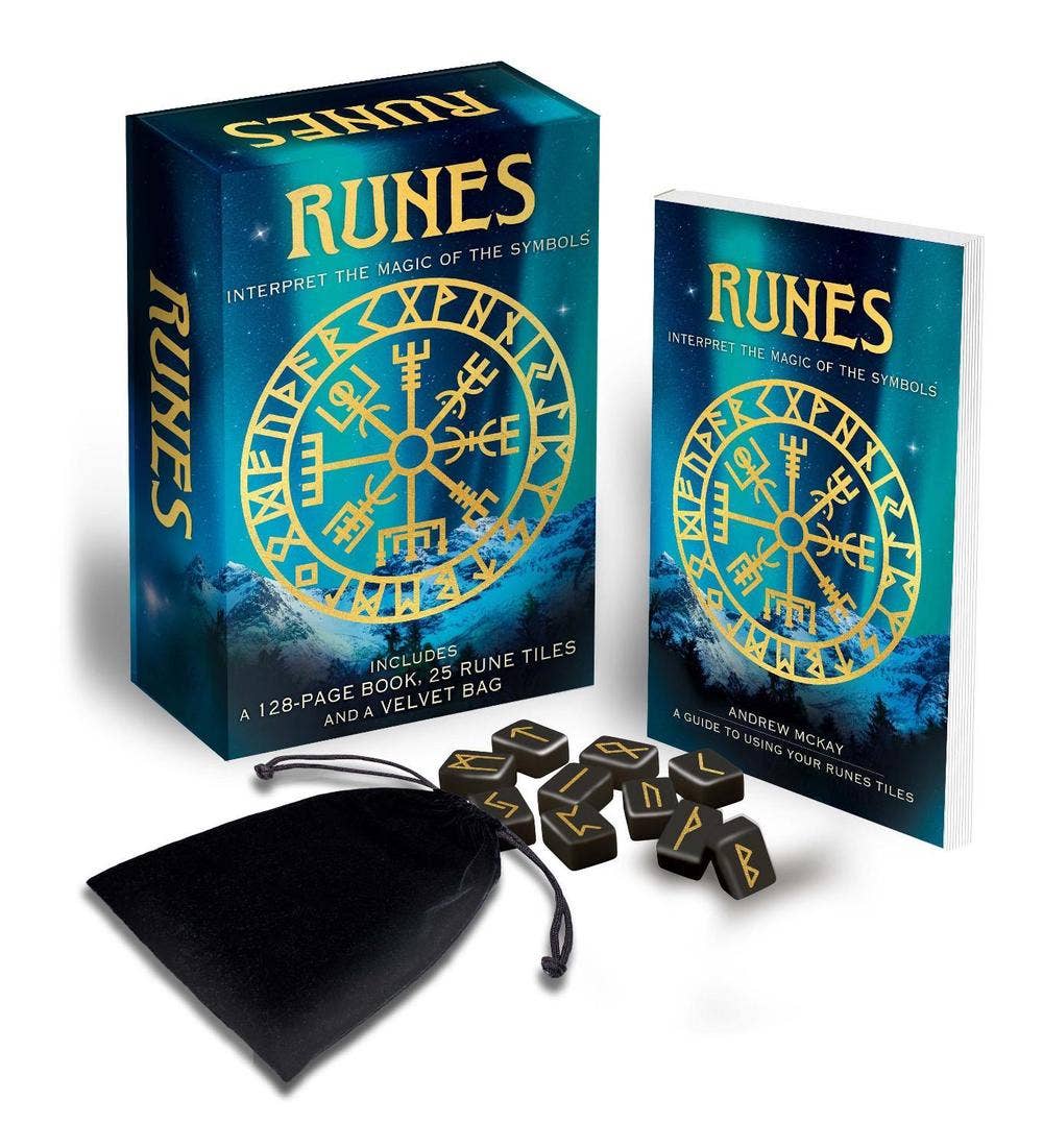 Runes set with book, tiles, and bag on a white background