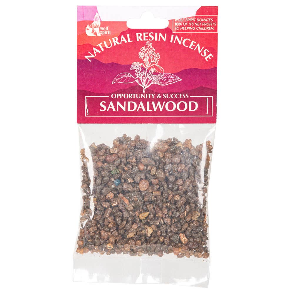 Sandalwood resin incense package with pink label on a white background