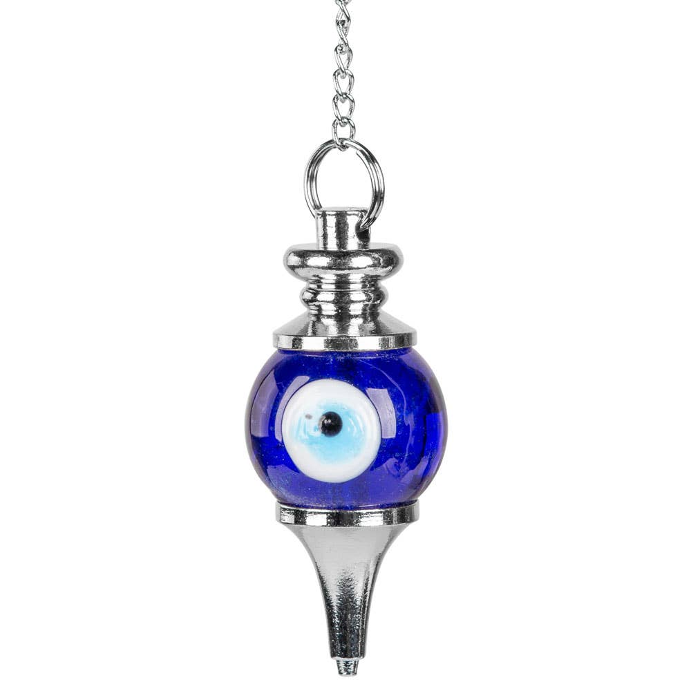 Blue glass pendant with an evil eye design on a white background