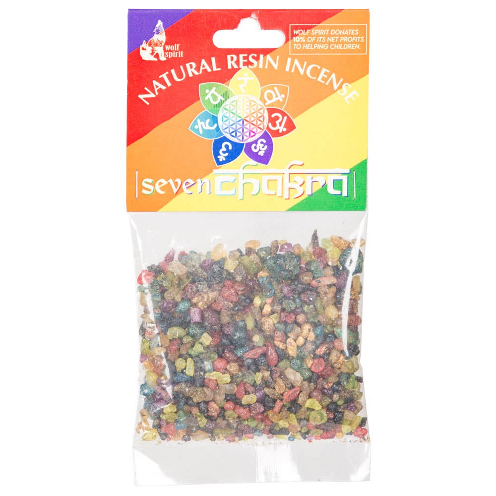 Packaged natural resin incense with Seven Chakra branding on a white background