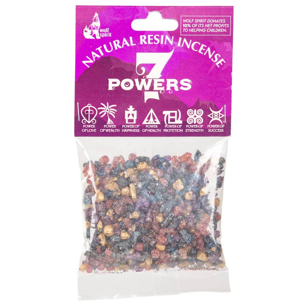 Bag of natural resin incense with '7 Powers' packaging on a white background