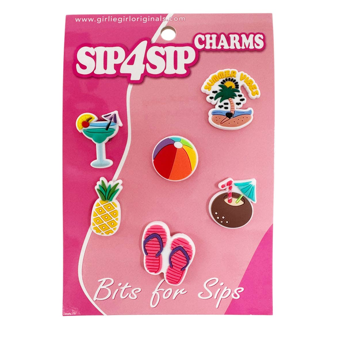 Packaging of Sip4Sip charms with various designs on a pink background