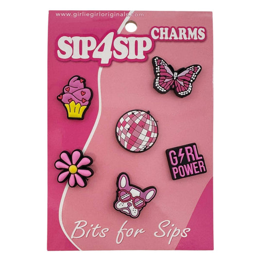 Packaging of Sip4Sip charms with various designs on a pink background