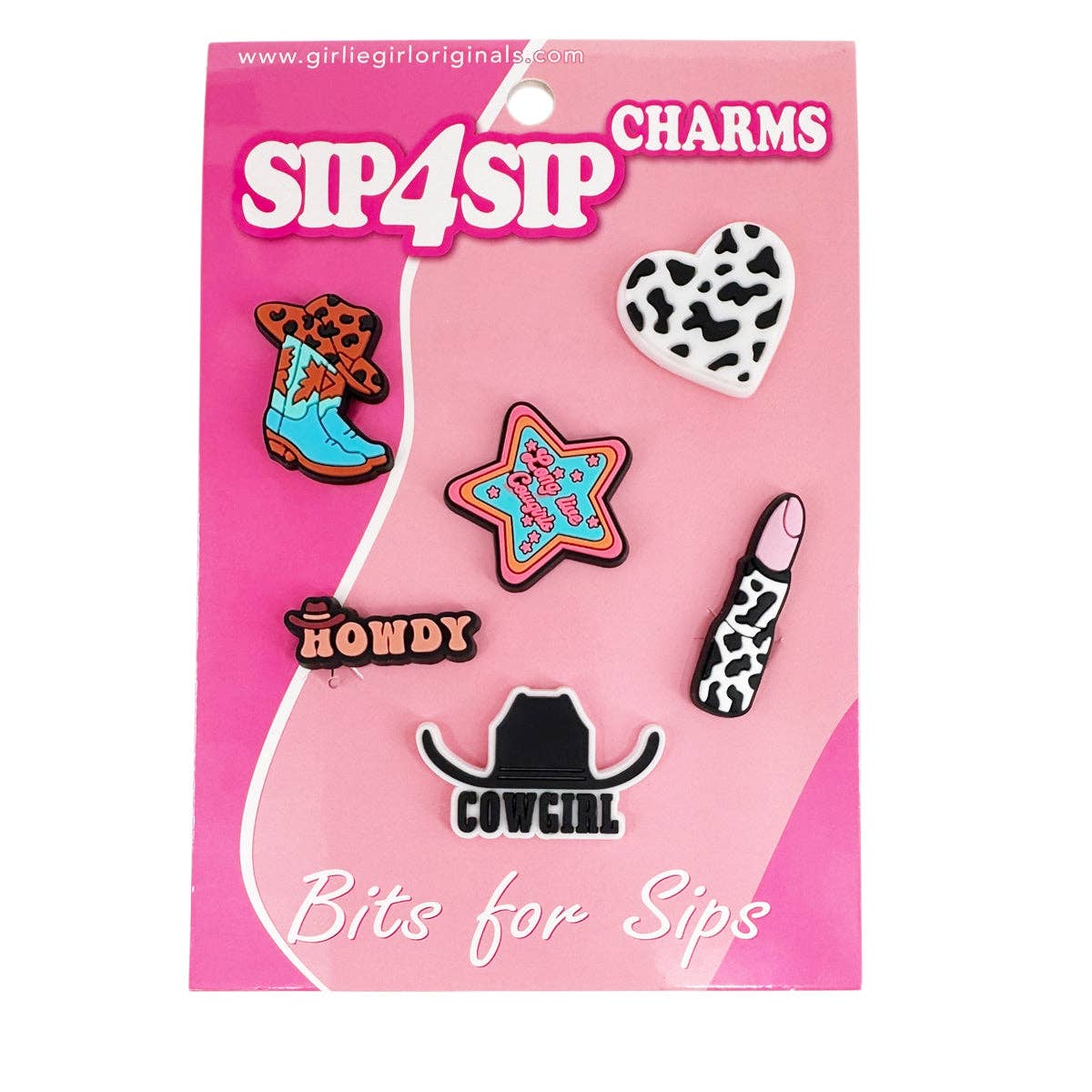 Packaging of Sip4Sip charms with various designs on a pink background