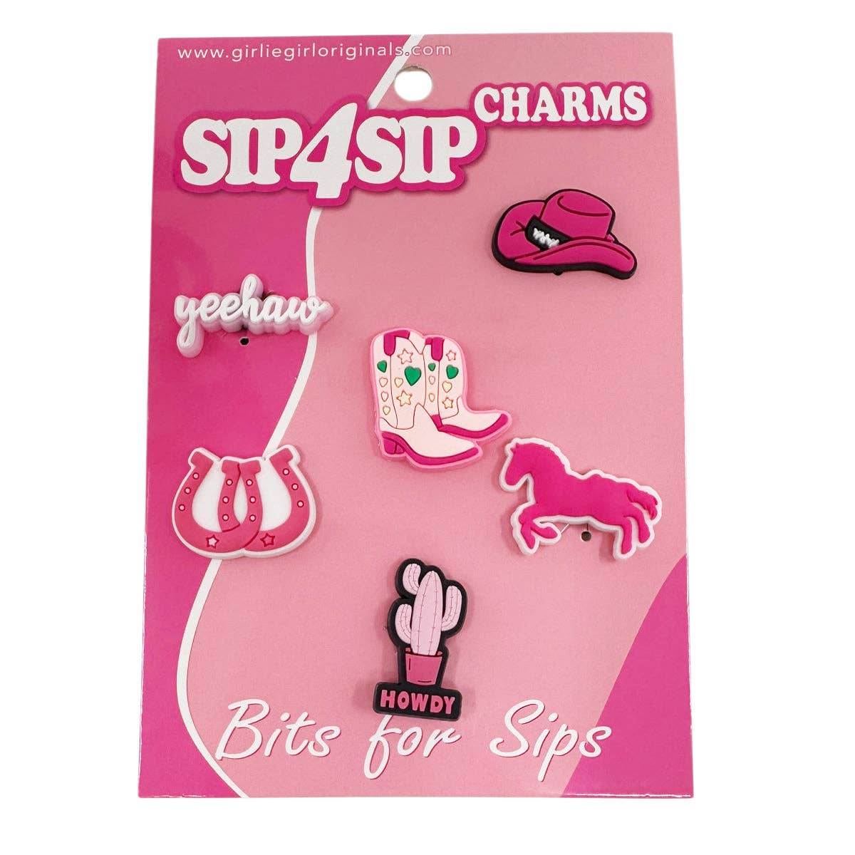Packaged charms with cowboy boot, lip, horse, and cactus designs on a pink background.