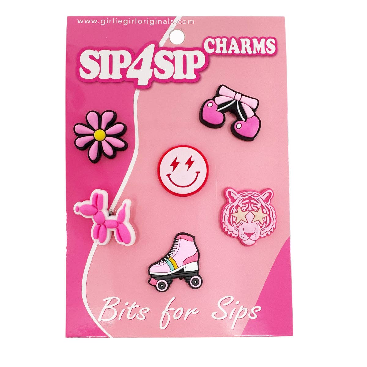 Packaging of Sip4Sip charms with various designs on a pink background