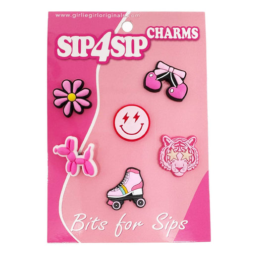 Packaging of Sip4Sip charms with various designs on a pink background
