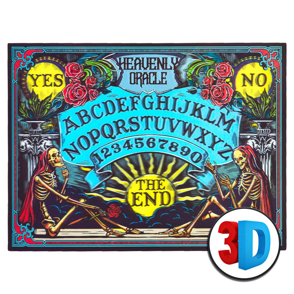 Ouija board with skeletons, roses, and 'The End' text, featuring a 3D label.