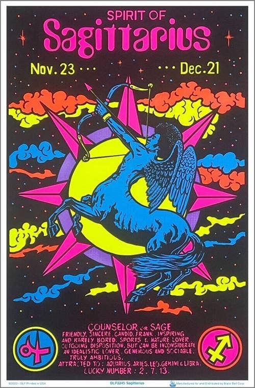 Colorful poster of the Spirit of Sagittarius with astrological design elements.