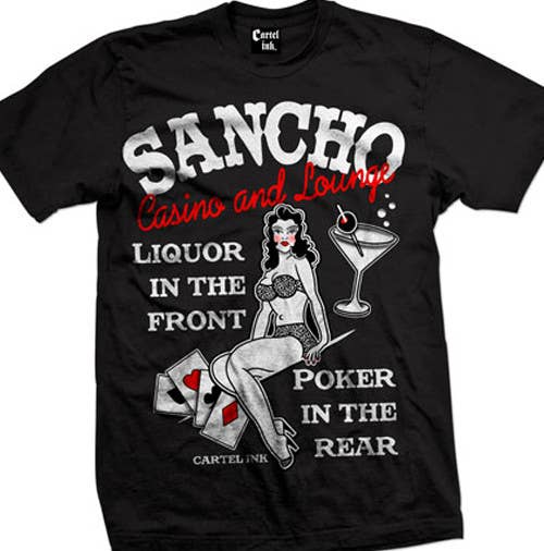 Black t-shirt with graphic design featuring a woman, cocktail, and text on a white background