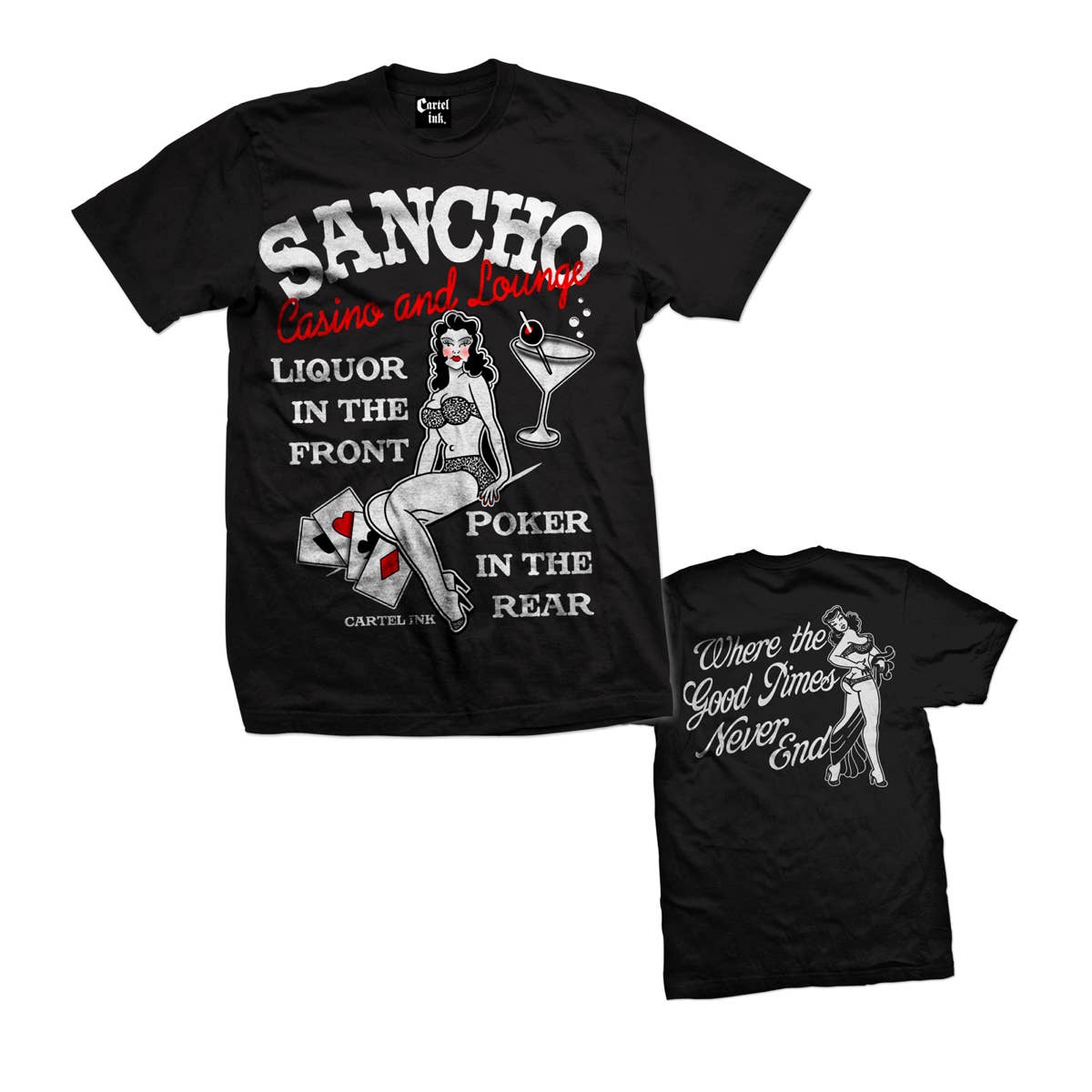 Black t-shirt with graphic design and text on a white background
