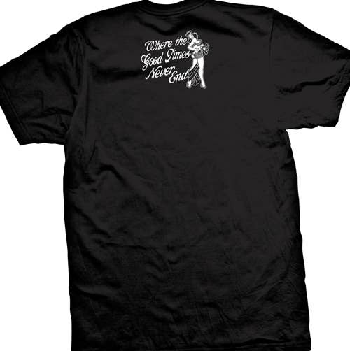 Black t-shirt with white graphic and text on a plain background