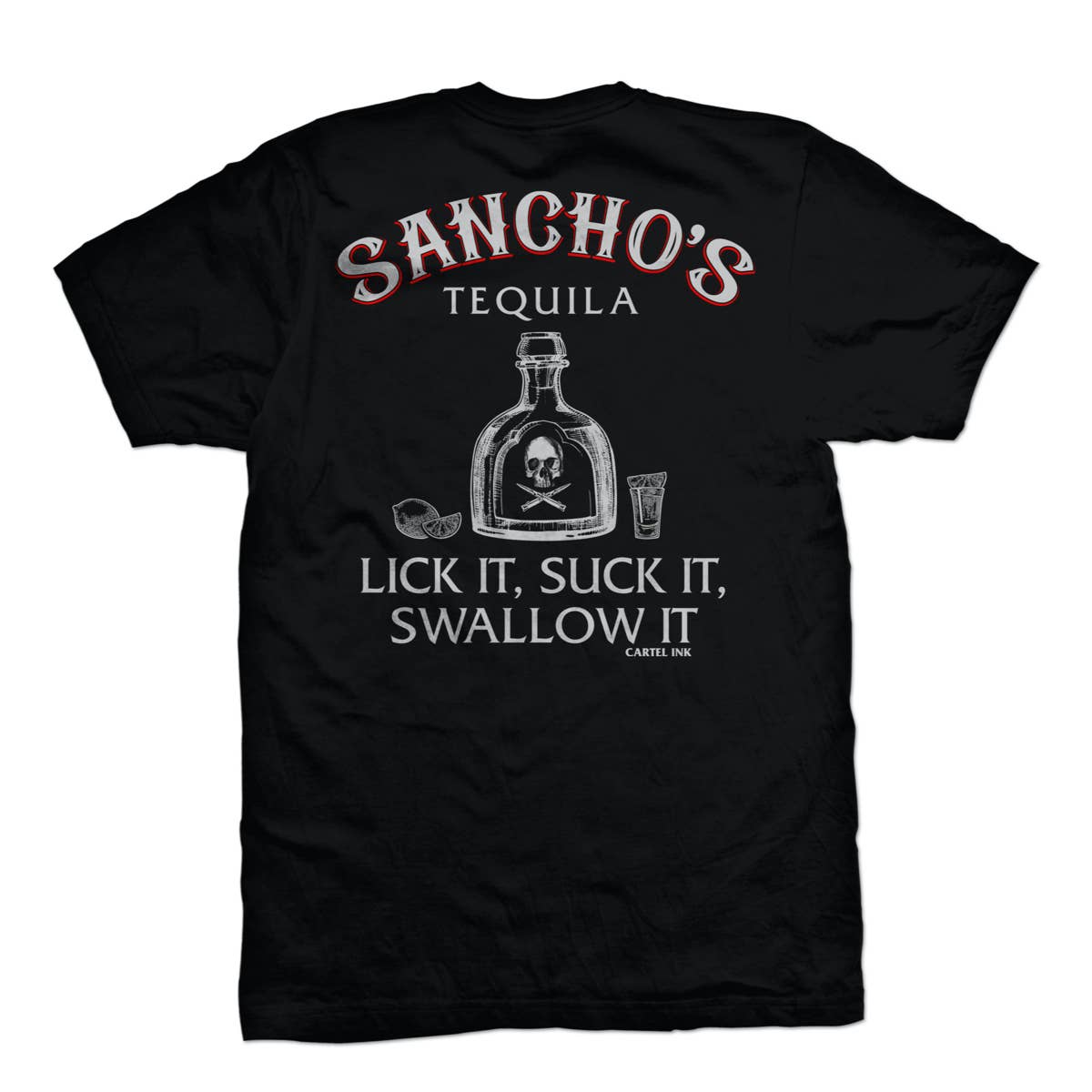 Black t-shirt with 'Sancho's Tequila' graphic and text on a white background