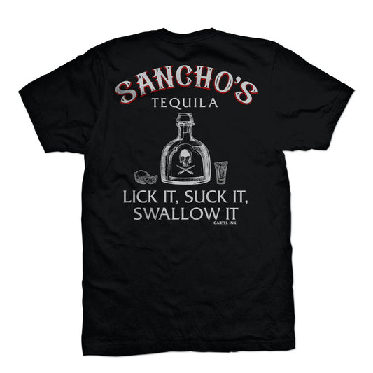 Black t-shirt with 'Sancho's Tequila' graphic and text on a white background
