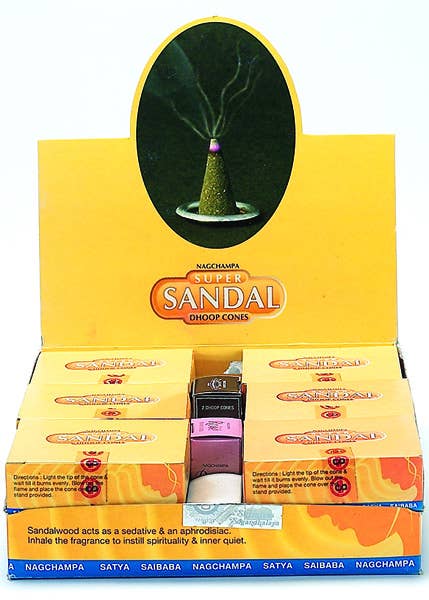 Display box of Super Sandalwood incense cones with a yellow background
