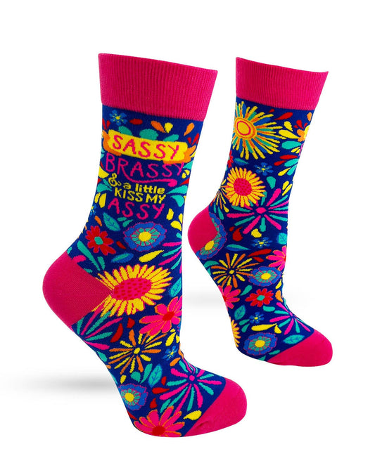Colorful socks with floral patterns and text on a white background