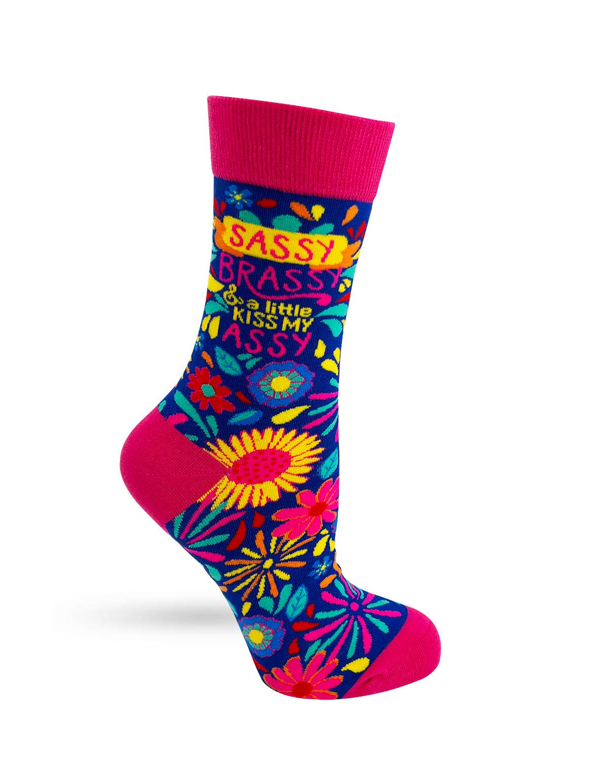 Colorful sock with floral design and text on a white background