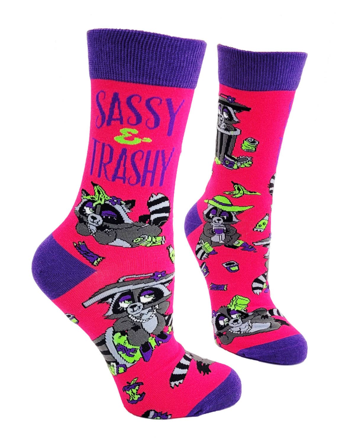 Pink socks with raccoon design and 'Sassy & Trashy' text on a white background