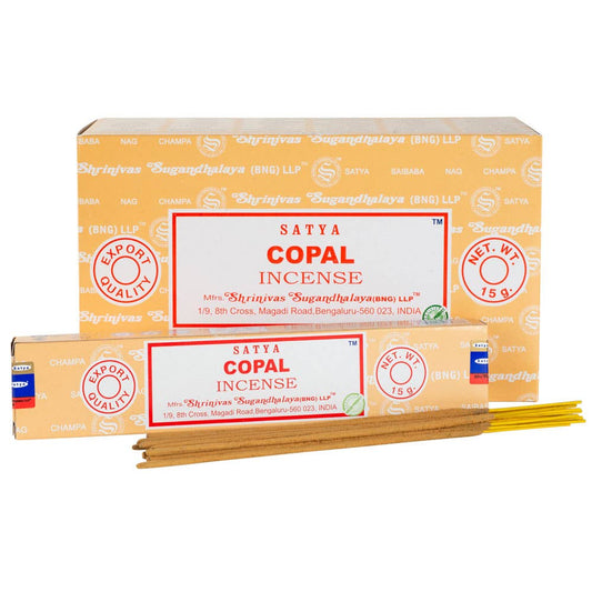 Satya Copal incense packaging with sticks on a white background