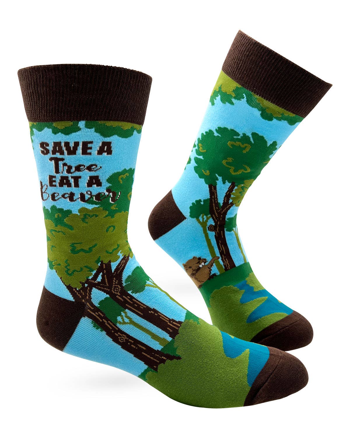 Socks with a tree and beaver design and text 'Save a Tree Eat a Beaver' on a white background