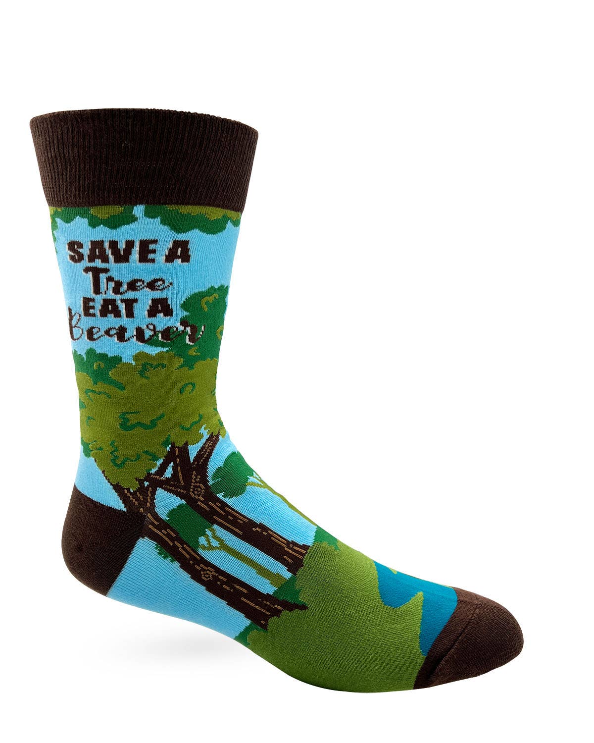 Sock with tree and beaver design and text 'Save a Tree Eat a Beaver' on a white background