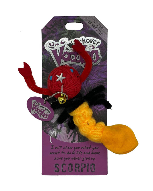Plush voodoo doll with red and yellow accents on a purple tag with text and branding.
