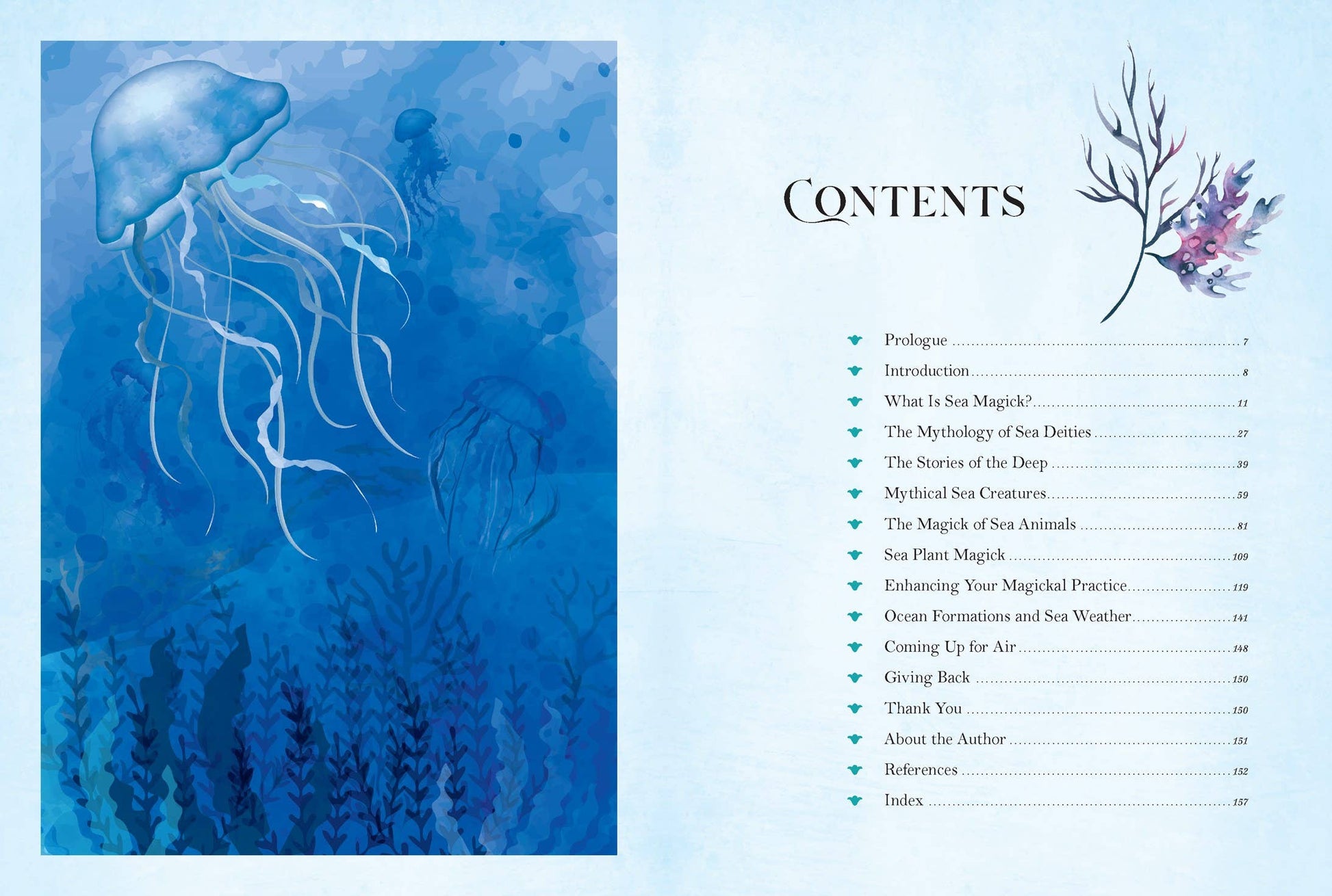 Book contents page with jellyfish illustration and table of contents on a blue background