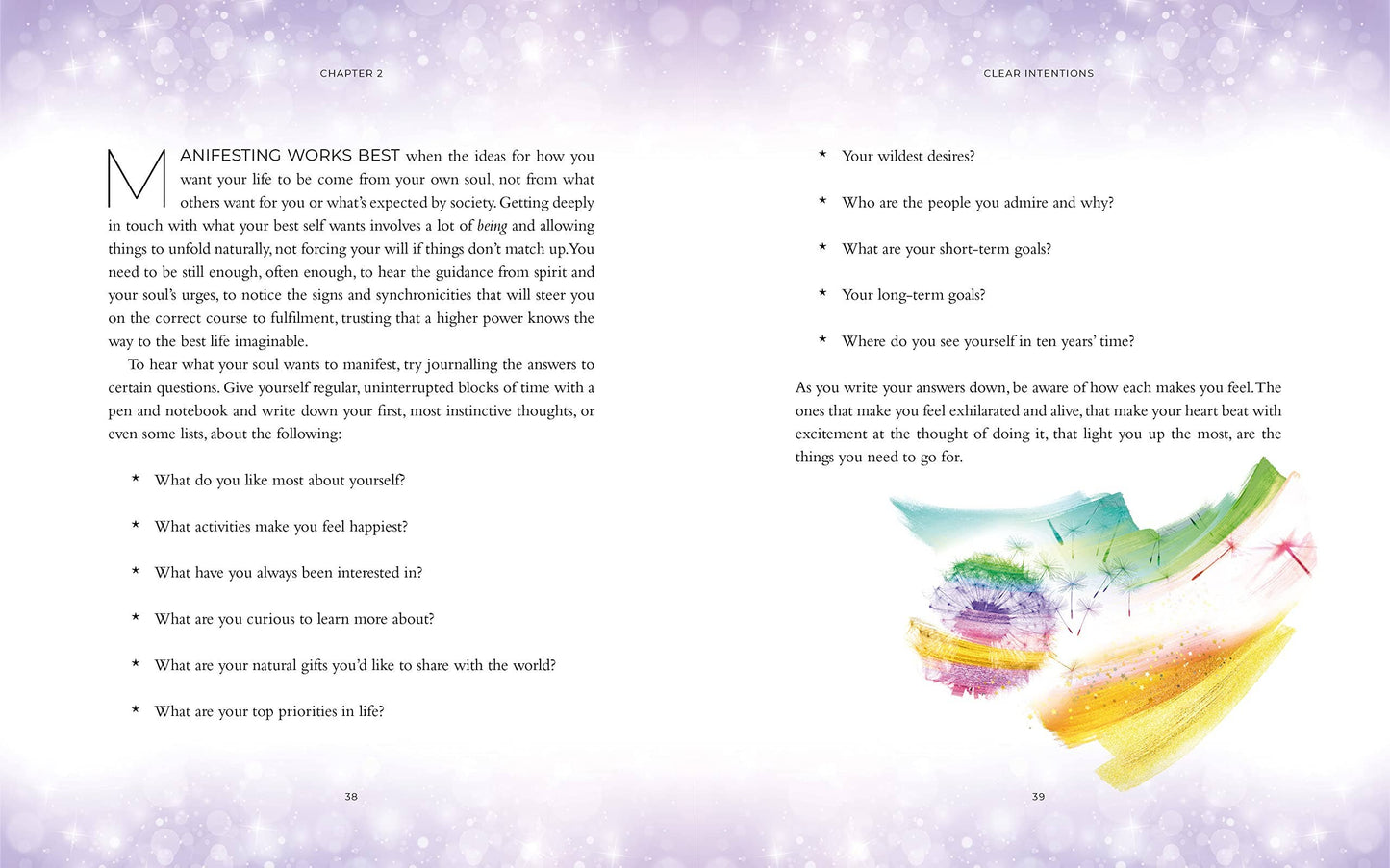 Open book with text and colorful abstract design on a purple background
